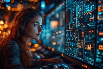 Focused Woman Analyzing Data on a Computer Screen