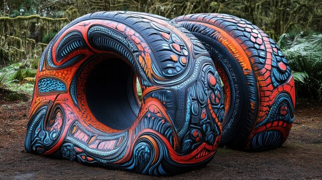 Car tire transformed into artistic creations, showcasing creative sculptures and unique designs with vibrant colors.