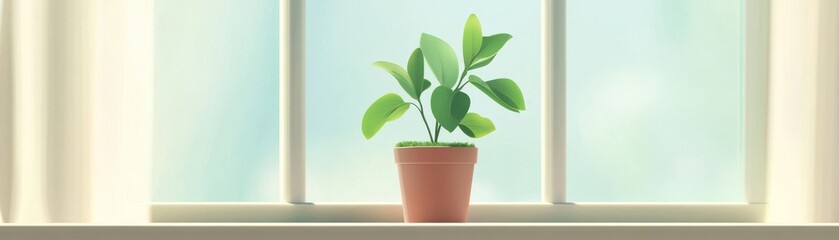 Fototapeta premium A vibrant green plant in a terracotta pot brightens a sunny window, adding a touch of nature and tranquility to the indoor space.