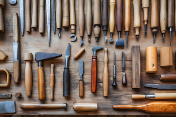 An array of traditional woodworking hand tools - chisels, saws, and planes - arranged artistically on a wooden workbench