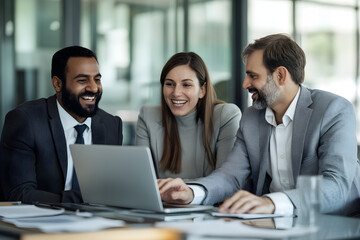 Obraz premium Successful team of diverse business professionals working at a laptop, smiling and laughing as they collaborate on agreements and complete paperwork together