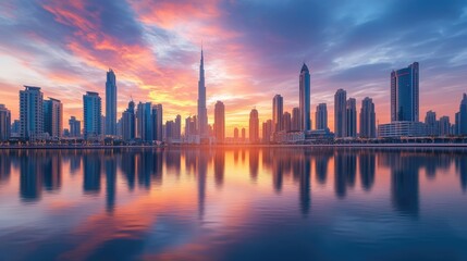 Obraz premium A calm river reflecting the towering skyscrapers of a modern city at dusk, with vibrant colors filling the sky as the sun sets.