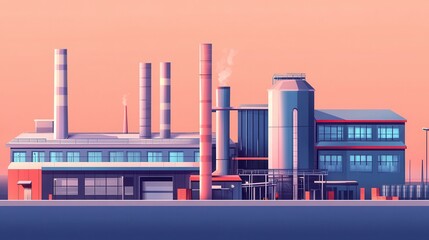 Obraz premium A vibrant illustration of a modern factory at sunset, showcasing industrial structures and smokestacks in a colorful setting.