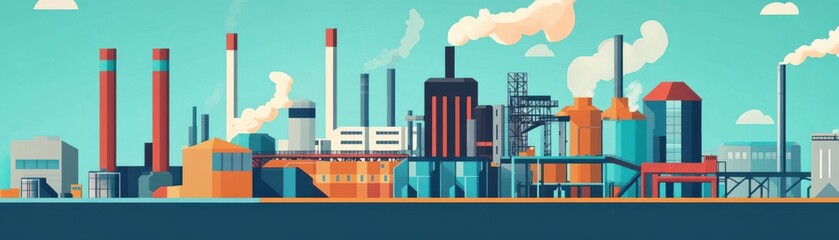 A vibrant illustration of a modern industrial landscape with smokestacks, factories, and blue skies, representing manufacturing and technology.