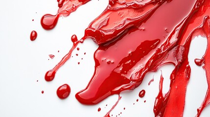 Close up of spilled red syrup isolated on white background. Food and drink background concept