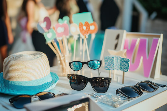Fun photo booth props including sunglasses, hats, and quirky signs arranged on a table at an outdoor event, ready for guests to enjoy
