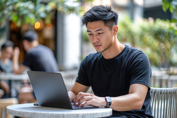 An oriental man is sitting at a table with a laptop, looking at the screen.