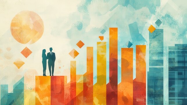 A vibrant illustration of business growth with silhouettes against a backdrop of colorful bars and abstract shapes.