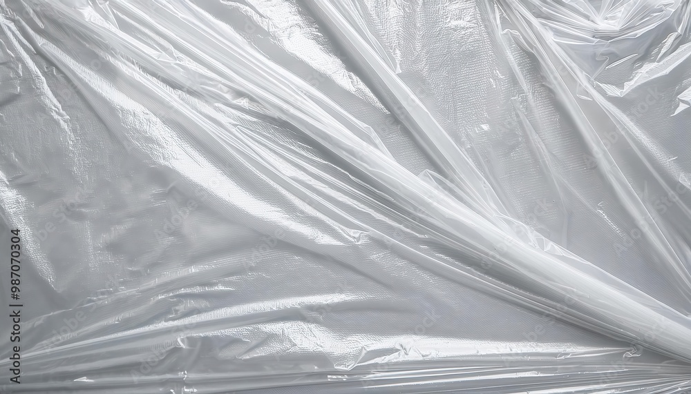 Poster Close-up of Wrinkled Transparent Plastic Sheet with Soft Light Reflection, Creating Subtle Textures and Folds with Tension Points, Ideal for Backgrounds or Environmental Design Concepts