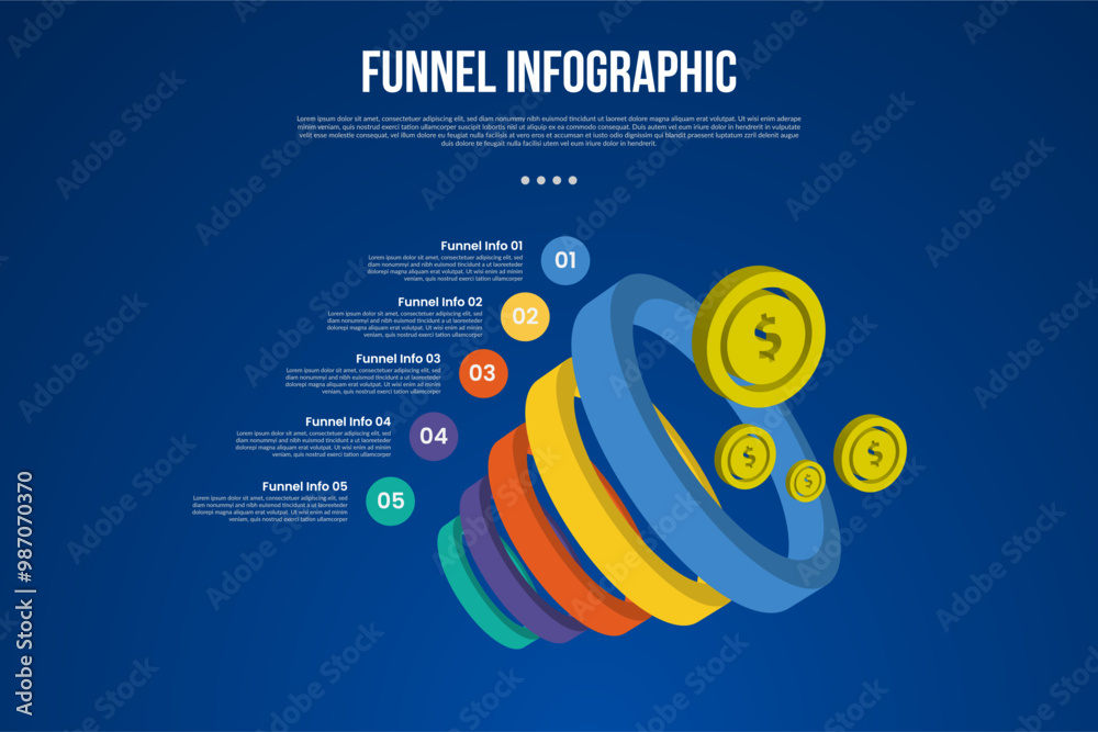 Wall mural funnel infographic with 3d ring circle reverse pyramid with 5 point with dark style for slide presen