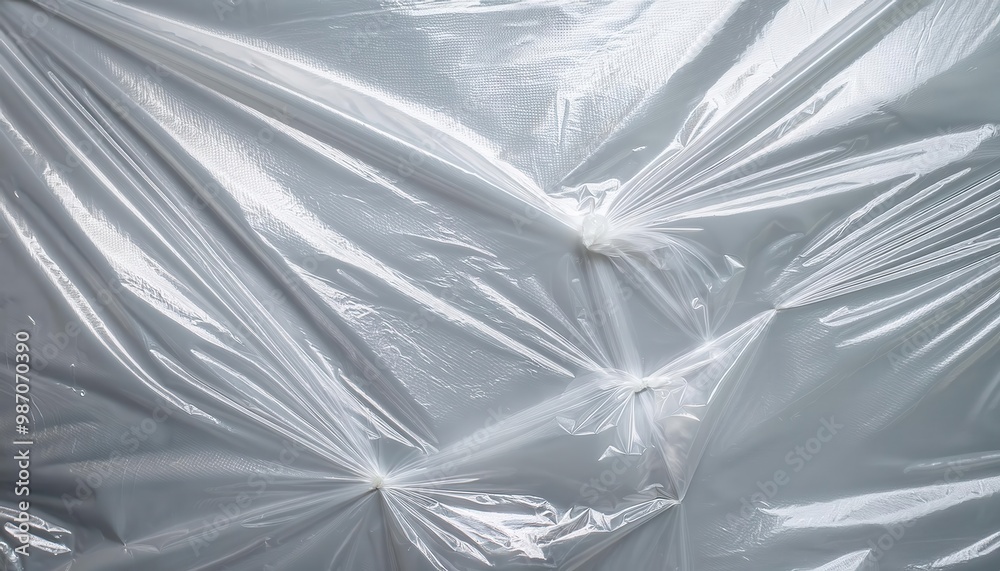 Poster Close-up of Wrinkled Transparent Plastic Sheet with Soft Light Reflection, Creating Subtle Textures and Folds with Tension Points, Ideal for Backgrounds or Environmental Design Concepts