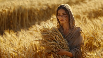 Woman in a wheat field holding a bundle of wheat, bathed in golden sunlight, capturing the essence of nature and harvest season.