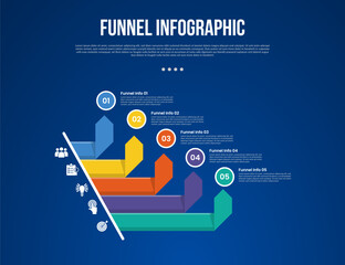 funnel infographic with flipped ribbon arrow top direction with 5 point with dark style for slide presentation