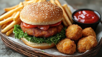 Burger, Fries, and Mozzarella Sticks Meal