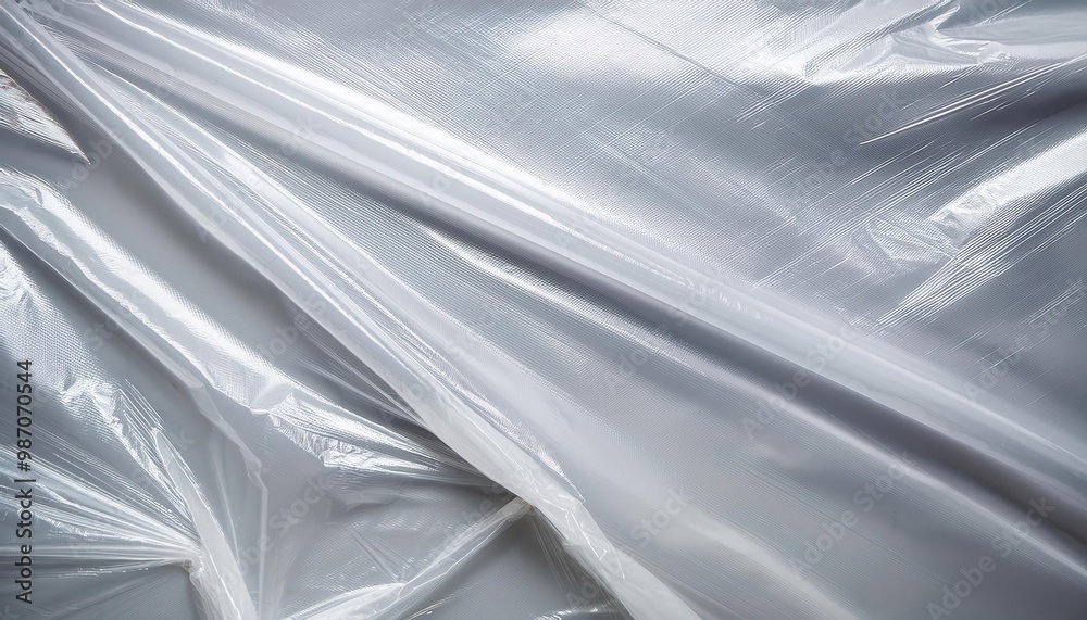 Fototapete Close-up of Wrinkled Transparent Plastic Sheet with Soft Light Reflection, Creating Subtle Textures and Folds with Tension Points, Ideal for Backgrounds or Environmental Design Concepts