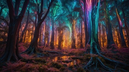 Fototapeta premium colorful neon fantasy forest with glowing trees