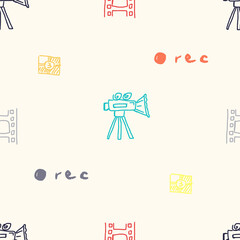 Movie, cinema vector pattern. Doodle hand drawn sketch style movie seamless pattern. Cinema elements for media production, festival background. Vector illustration.