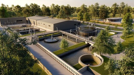 Obraz premium Biological wastewater treatment facilities or modern and green urban wastewater treatment installations