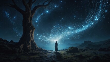 silhouette of a man with a backpack on the background of the starry sky.