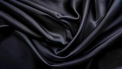 Close-up of Luxurious Black Satin Fabric Drapes with Intricate, Soft Ripples and Subtle Textured Details, Capturing the Elegance and Depth of Light Reflections in a Smooth, Silky Surface