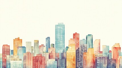 Obraz premium A vibrant watercolor city skyline filled with colorful buildings, showcasing urban life and modern architecture.