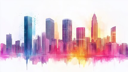 Fototapeta premium A vibrant watercolor city skyline showcasing colorful buildings and a beautiful abstract background representing urban life.