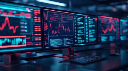 Neon Lit Computer Monitors with Data Analysis