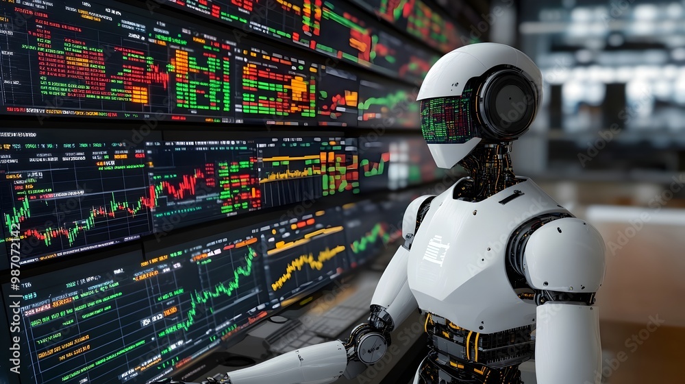 Poster futuristic ai powered robot sitting in a high tech control room filled with screens displaying real 