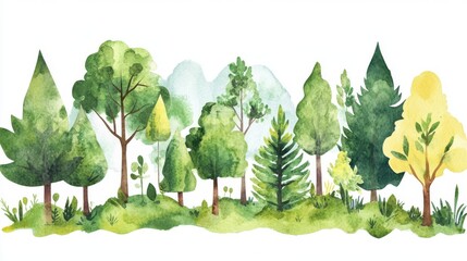 Fototapeta premium A vibrant watercolor illustration of diverse trees and lush greenery, perfect for nature-themed designs.