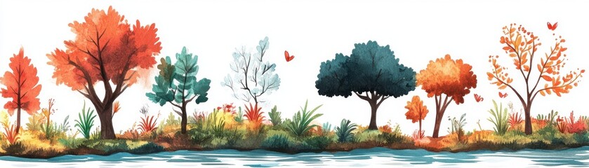 A vibrant watercolor landscape featuring a variety of trees in stunning autumn colors, reflecting on calm water beneath a clear sky.