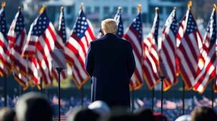 Standing tall, the rear view of a president-elect is framed by a sea of American flags, as they address a crowd near the symbolic structures of US democracy.