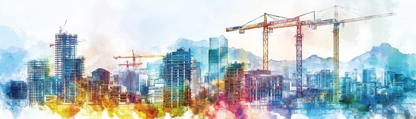 A vibrant watercolor skyline depicting urban construction with cranes and modern buildings, showcasing growth and development.