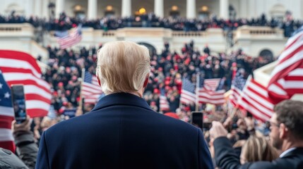 The president-elect stands facing a jubilant crowd, American flags in hand, as they gather near the steps of iconic US government offices, marking the beginning of new leadership.