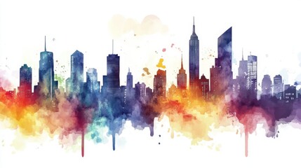 Obraz premium A vibrant watercolor skyline showcasing iconic buildings, blending colors that reflect urban energy and artistic expression.