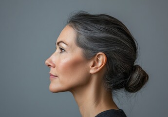 Fototapeta premium Elegant profile of a woman with gray hair and natural makeup on gray background