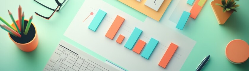 A vibrant workspace featuring colorful stationery, charts, and a keyboard, ideal for creative inspiration and productivity.
