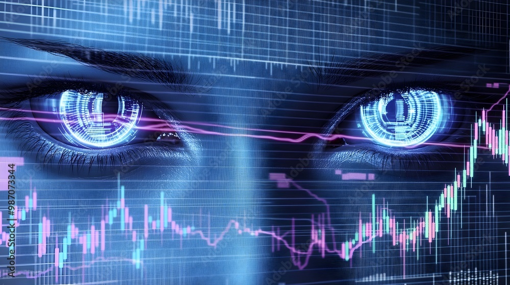 Poster futuristic image of robotic eyes closely observing and analyzing multiple market graphs and data vis