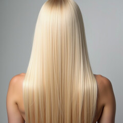 Naklejka premium Smooth, straight blond hair flows elegantly down back, highlighting its healthy shine and uniform color, illuminated by soft lighting, creating striking look. Hair care, the effect of cosmetics. AI