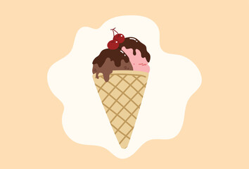illustration of chocolate and strawberry ice cream cone with chocolate sauce and cherry on top