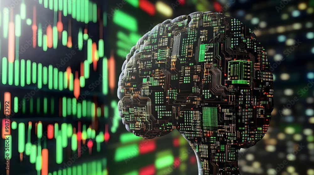 Poster futuristic robotic brain made of intricate circuit boards that is calculating and analyzing complex 