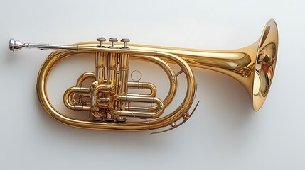 A gold-plated flugelhorn, a brass instrument similar to a trumpet but with a wider bore and a mellower sound, on a white background.