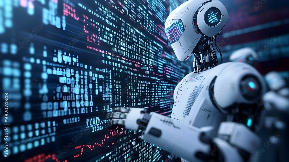 Poster futuristic trading bots exchanging binary code instead of currency in virtual transactions for finan
