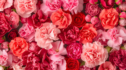 A close up of an array of pink and red carnations, with some in full bloom and others as buds, arranged on top of each other to create the effect of a bouquet.