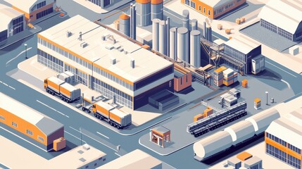 Aerial view of a modern industrial complex with silos, trucks, and warehouses showcasing contemporary manufacturing and logistics.