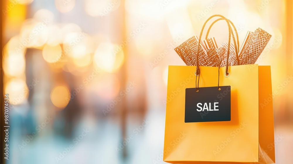 Poster close-up of a shopping bag filled with discounted items, showcasing a black friday sale tag.