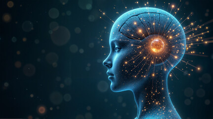 Futuristic human head with neural connections and glowing brain concept