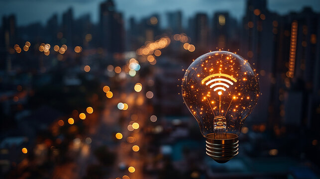 A glowing light bulb with wireless signals against a blurred cityscape, symbolizing innovation and connectivity in modern technology.