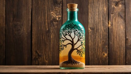 sand bottle art of tree of life on a wooden table background