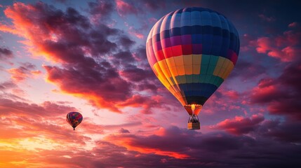 Fototapeta premium colorful hot air balloon soaring against a dramatic sky during sunset