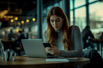 A businesswoman sitting at a table with a laptop and using a mobile phone in a modern cafe.